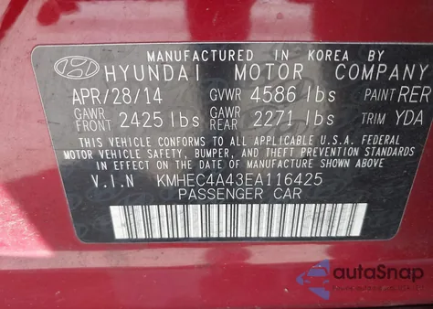 2014 Hyundai Sonata Hybrid z USA, uszkodzony, nr VIN KMHEC4A43EA116425